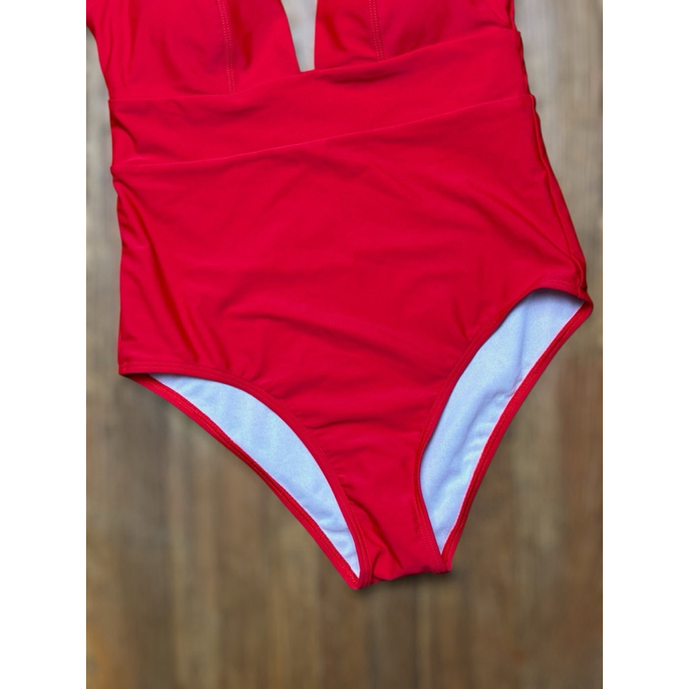 Cocoship Women's Size 6 Solid Red Plunging Neckline High Leg One Piece Swimsuit - Picture 3 of 16